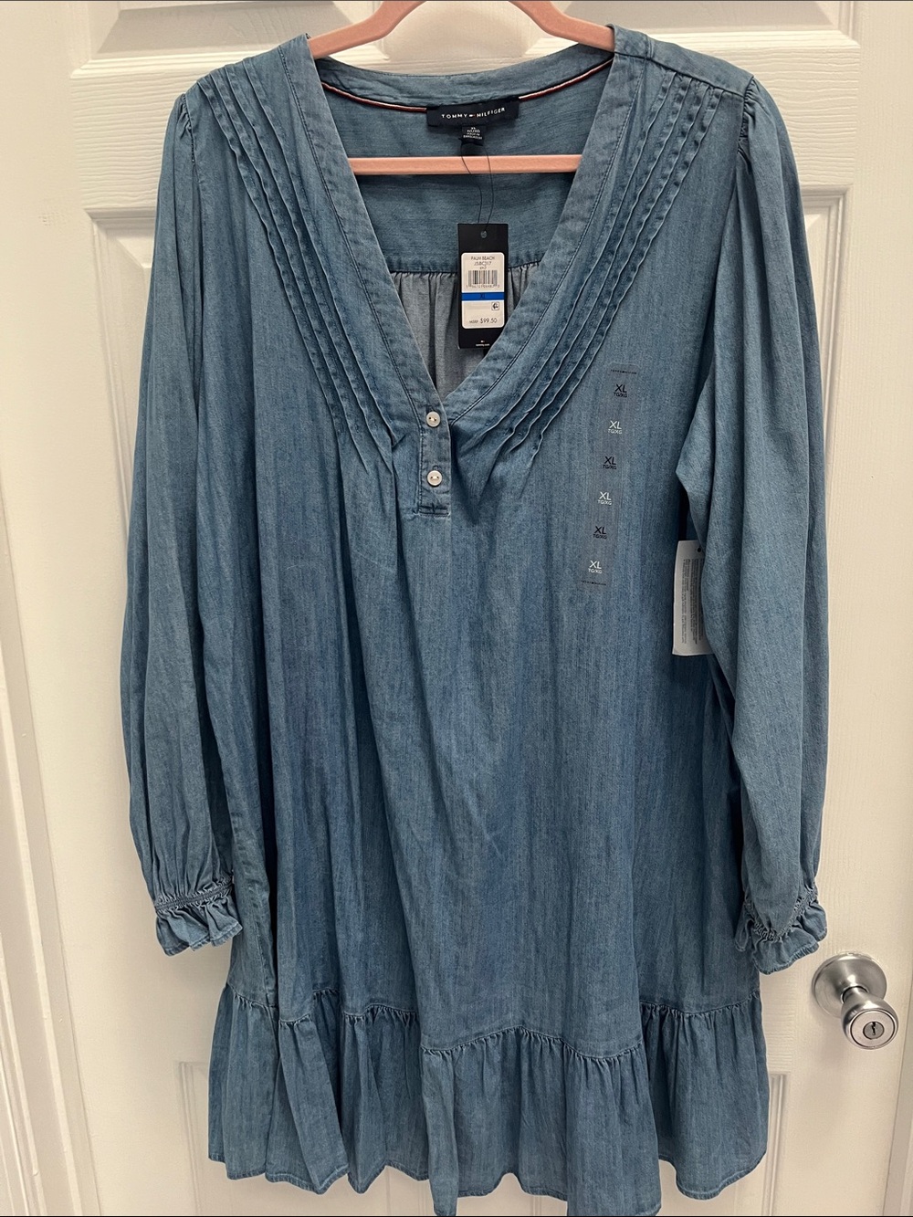 Tommy Hilfiger Light Blue Denim Dress with Red-Trim Neckline